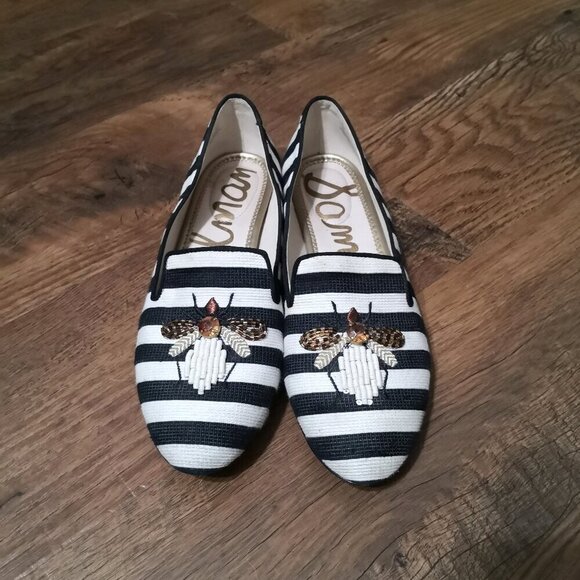 Sam Edelman Jill Flat Embellished Bumblebee Black/Ivory Stripe Size 7.5 - Picture 1 of 6